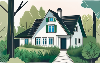 A picturesque bavarian house surrounded by lush greenery and a sign indicating government support for home ownership