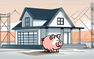 A house under construction with a piggy bank and a contract nearby