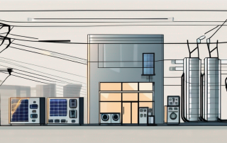 A commercial building with visible power lines connected to it