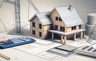 A detailed blueprint of a house with various construction materials scattered around and a calculator