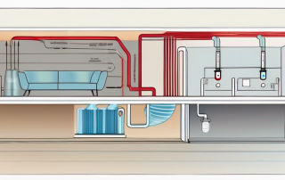 A cross-section of a floor with underfloor heating system powered by a heat pump