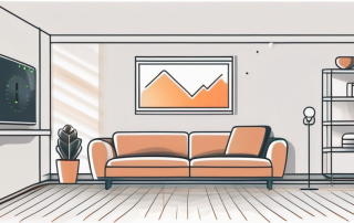 A modern living room with a visible smart thermostat on the wall and a subtle glow emanating from the floor