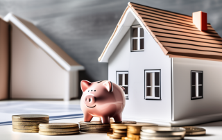 A piggy bank next to a small model house