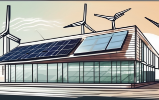 An energy efficient building with solar panels on the roof and wind turbines in the background