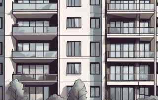 A modern apartment building with various types of apartments visible through the windows