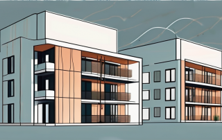 A modern apartment building with a visible heat pump system