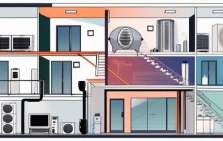A house with a visible cross-section showing a heat pump system