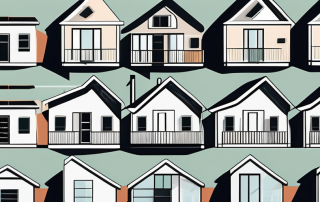 A newly constructed single-family house with visible price tags attached to various parts like the roof