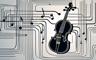A violin merging with digital elements such as binary code and internet symbols