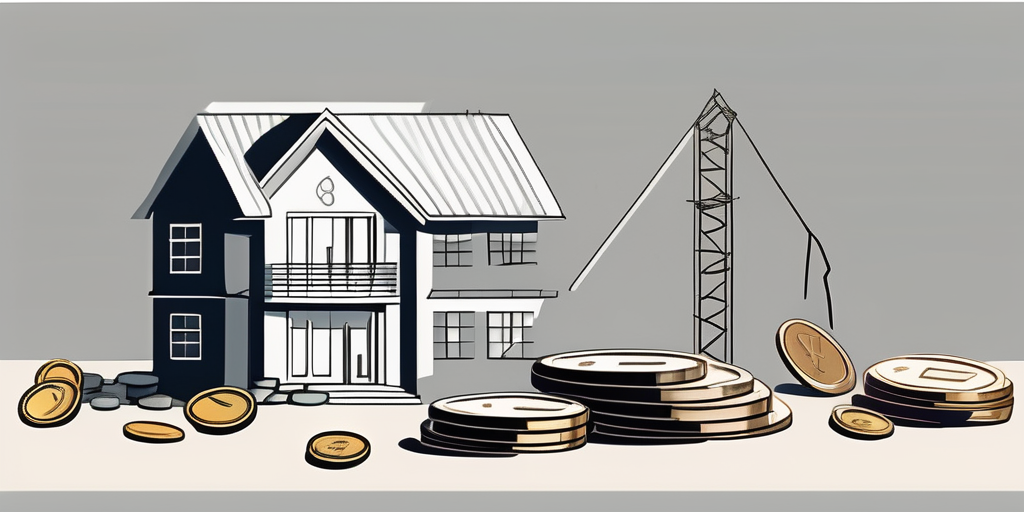 A house under construction with a pile of coins or banknotes nearby