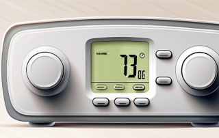 A programmable thermostat with various buttons and a digital screen