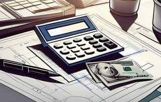 A blueprint of a building with a calculator and money bills on a desk