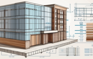 A blueprint of a building with various construction materials like bricks