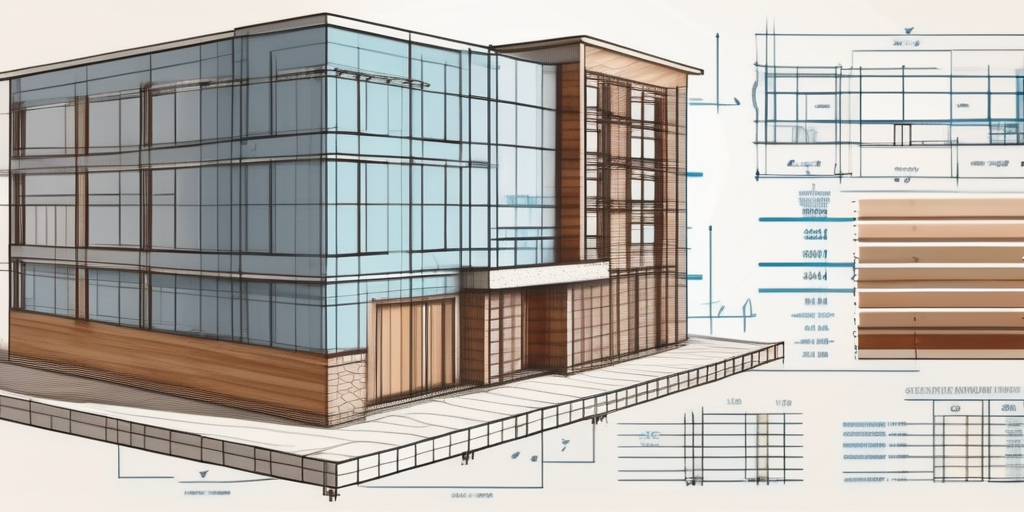 A blueprint of a building with various construction materials like bricks