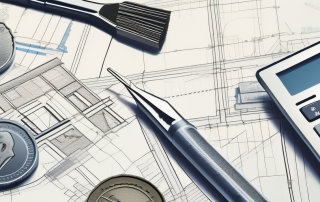 Various architectural blueprints and construction tools