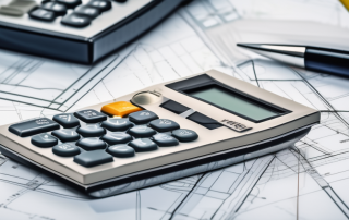 A calculator sitting on top of architectural blueprints