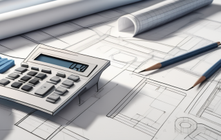 An architectural blueprint with a 3d model of a building