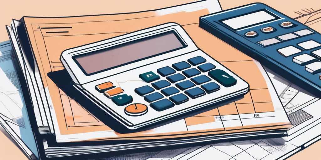A calculator next to a stack of financial documents and a blueprint