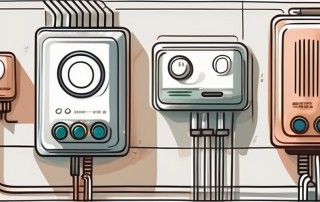 Several different types of radiator thermostats connected to a wi-fi signal
