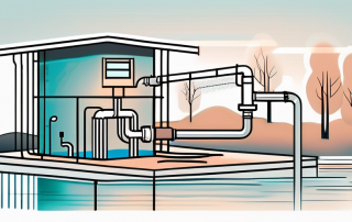 A water-to-water heat pump with pipes connecting it to a body of water and a house