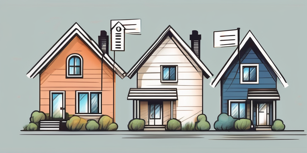 Various styles of finished houses with price tags hanging from them