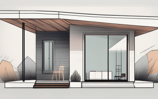 A fully constructed prefabricated house with a large key placed next to it