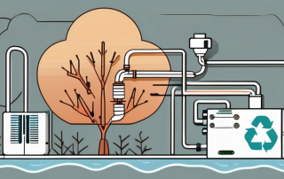 An air-water heat pump with arrows indicating the flow of energy