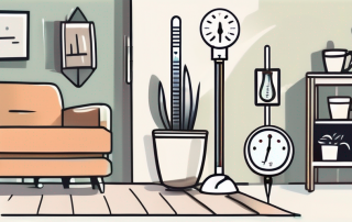 A thermometer in a room with various household items like a potted plant