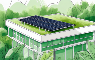 A green building with solar panels on the roof