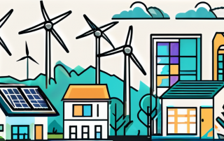 A vibrant energy certificate surrounded by various types of buildings (like a house