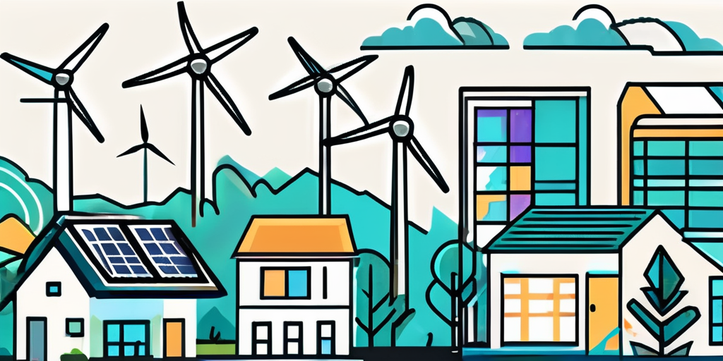 A vibrant energy certificate surrounded by various types of buildings (like a house