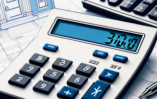 Nahaufnahme eines modernen digitalen Taschenrechners mit Finanzfunktionen, umgeben von Bauplaenen und einem Modellhaus, relevant fuer Baufinanzierung.