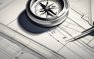 A navigational compass sitting on top of blueprints for a house