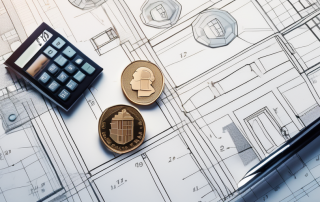 A calculator sitting on top of architectural blueprints with a house key and coins nearby