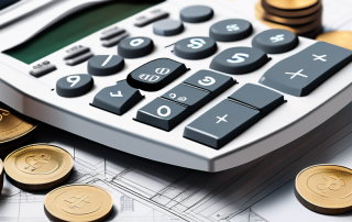 A calculator sitting on top of architectural blueprints with coins and banknotes scattered around