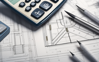 A calculator surrounded by architectural drawings and blueprints
