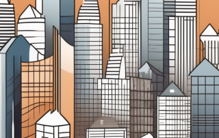 A dynamic wave made of various architectural structures like houses and skyscrapers