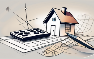 A compass pointing towards a stylized house with a calculator embedded in it