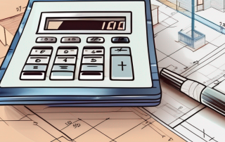 A calculator next to a blueprint of a house