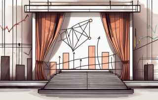 A theater stage with curtains drawn back to reveal various financial graphs and charts