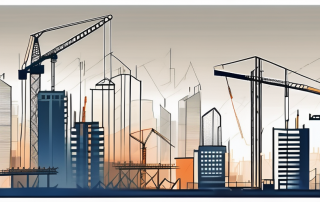 A futuristic cityscape under construction with cranes and buildings