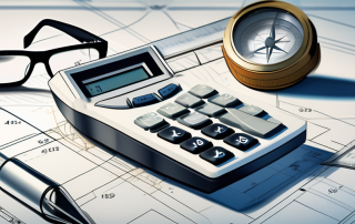 A calculator sitting on top of architectural blueprints