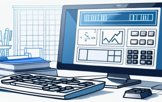 Digitales Hypothekenrechner-Interface auf einem Computerbildschirm mit Taschenrechner, Blaupause und Modellhaus zur Darstellung der Planung und Berechnung fuer den Hauskauf.