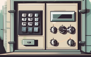 A secure bank vault with a calculator sitting on top