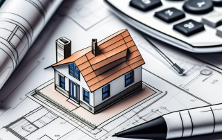 A calculator surrounded by architectural tools and blueprints of a house