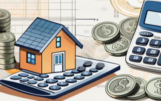 A calculator sitting on top of a blueprint of a house