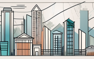 A heated thermometer rising against the backdrop of various architectural structures