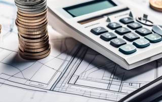 A calculator sitting on top of architectural blueprints
