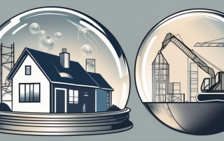 A crystal ball with various construction symbols such as a house
