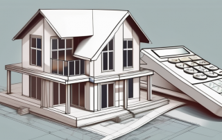 A dream house under construction with a calculator and architectural blueprints nearby